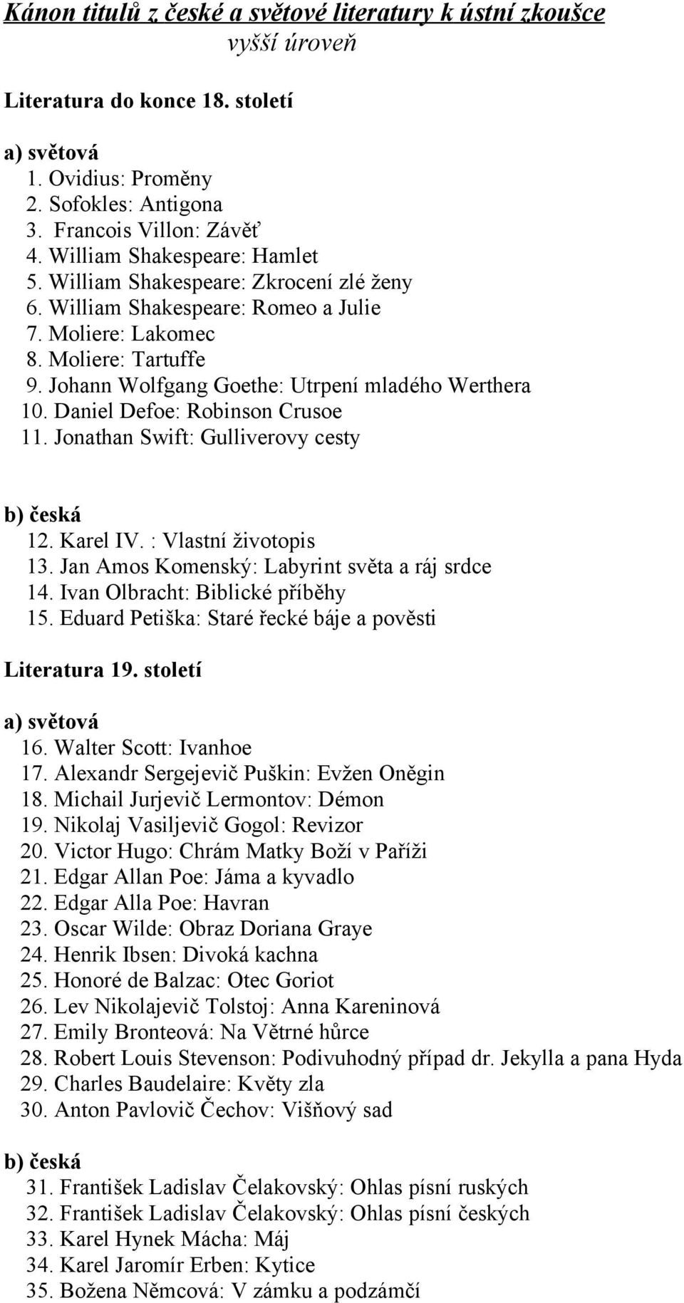 Johann Wolfgang Goethe: Utrpení mladého Werthera 10. Daniel Defoe: Robinson Crusoe 11. Jonathan Swift: Gulliverovy cesty 12. Karel IV. : Vlastní životopis 13.