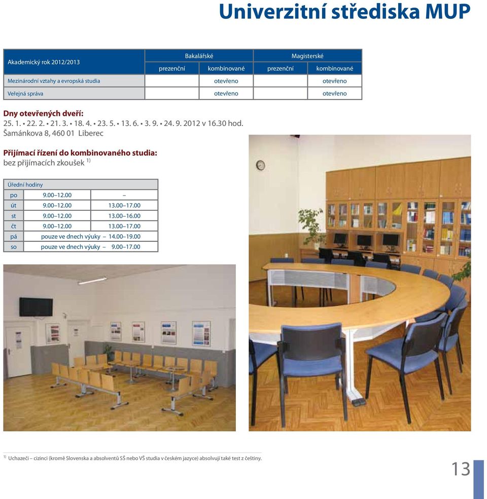 Šamánkova 8, 460 01 Liberec Přijímací řízení do kombinovaného studia: bez řijímacích zkoušek 1) Úřední hodiny o 9.00 12.00 út 9.00 12.00 13.00 17.00 st 9.00 12.00 13.00 16.