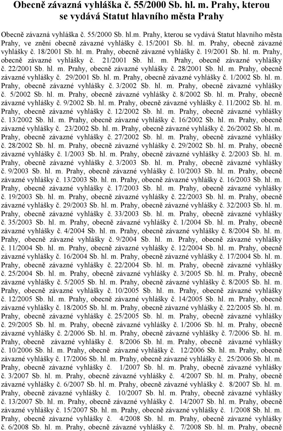 hl. m. Prahy, obecně závazné vyhlášky č. 28/2001 Sb. hl. m. Prahy, obecně závazné vyhlášky č. 29/2001 Sb. hl. m. Prahy, obecně závazné vyhlášky č. 1/2002 Sb. hl. m. Prahy, obecně závazné vyhlášky č. 3/2002 Sb.