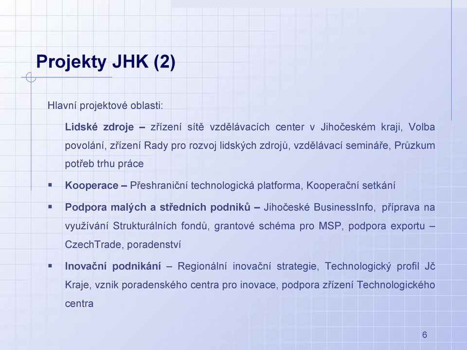 středních podniků Jihočeské BusinessInfo, příprava na využívání Strukturálních fondů, grantové schéma pro MSP, podpora exportu CzechTrade, poradenství