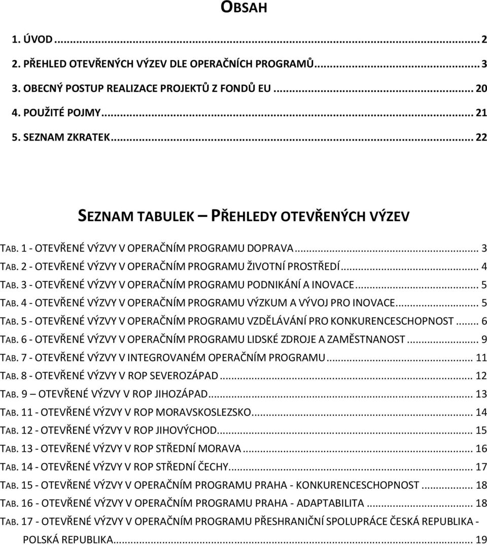 3 - OTEVŘENÉ VÝZVY V OPERAČNÍM PROGRAMU PODNIKÁNÍ A INOVACE...5 TAB. 4 - OTEVŘENÉ VÝZVY V OPERAČNÍM PROGRAMU VÝZKUM A VÝVOJ PRO INOVACE...5 TAB. 5 - OTEVŘENÉ VÝZVY V OPERAČNÍM PROGRAMU VZDĚLÁVÁNÍ PRO KONKURENCESCHOPNOST.