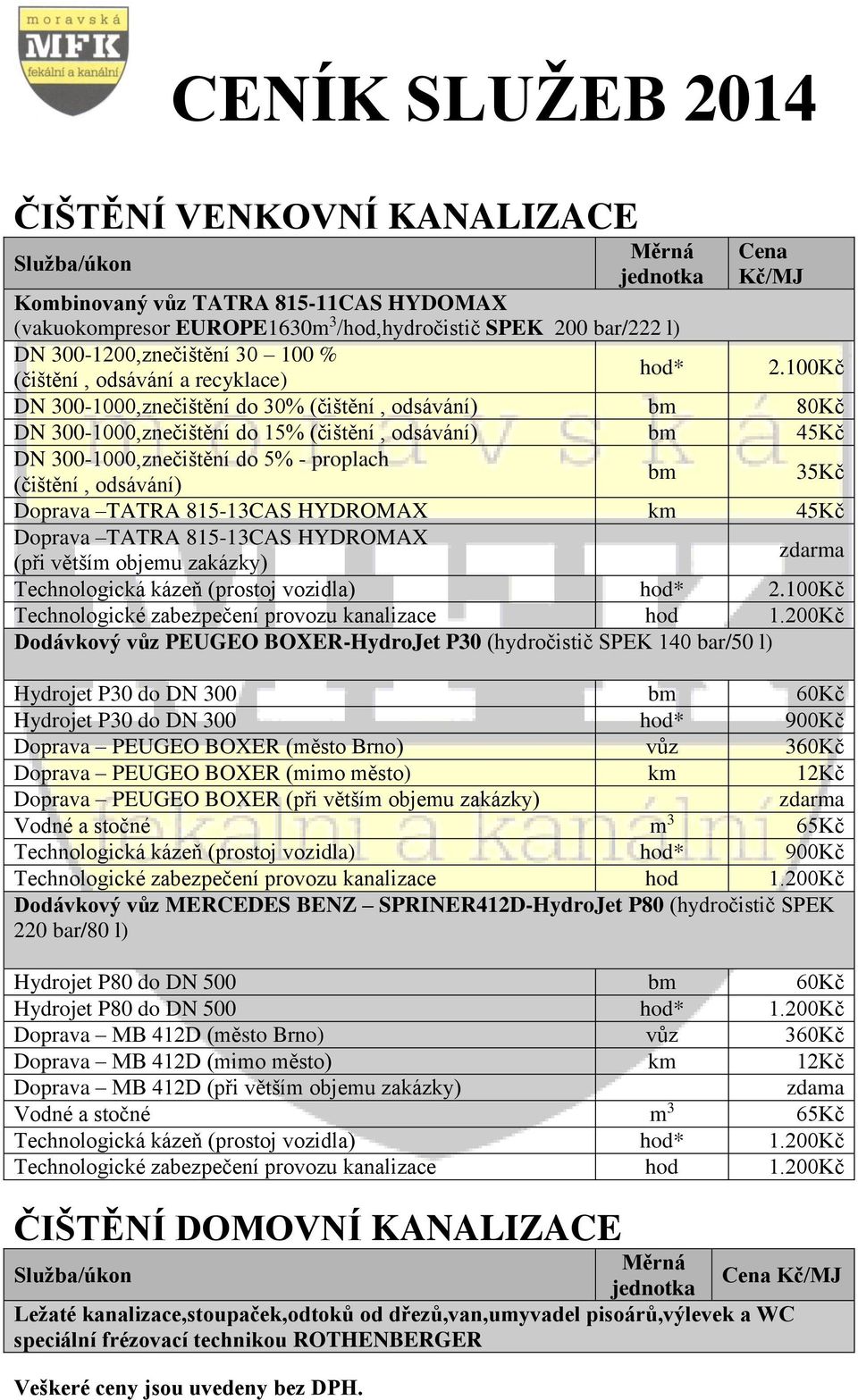 odsávání) 35Kč Doprava TATRA 815-13CAS HYDROMAX km 45Kč Doprava TATRA 815-13CAS HYDROMAX (při větším objemu zakázky) Technologická kázeň (prostoj vozidla) hod* 2.