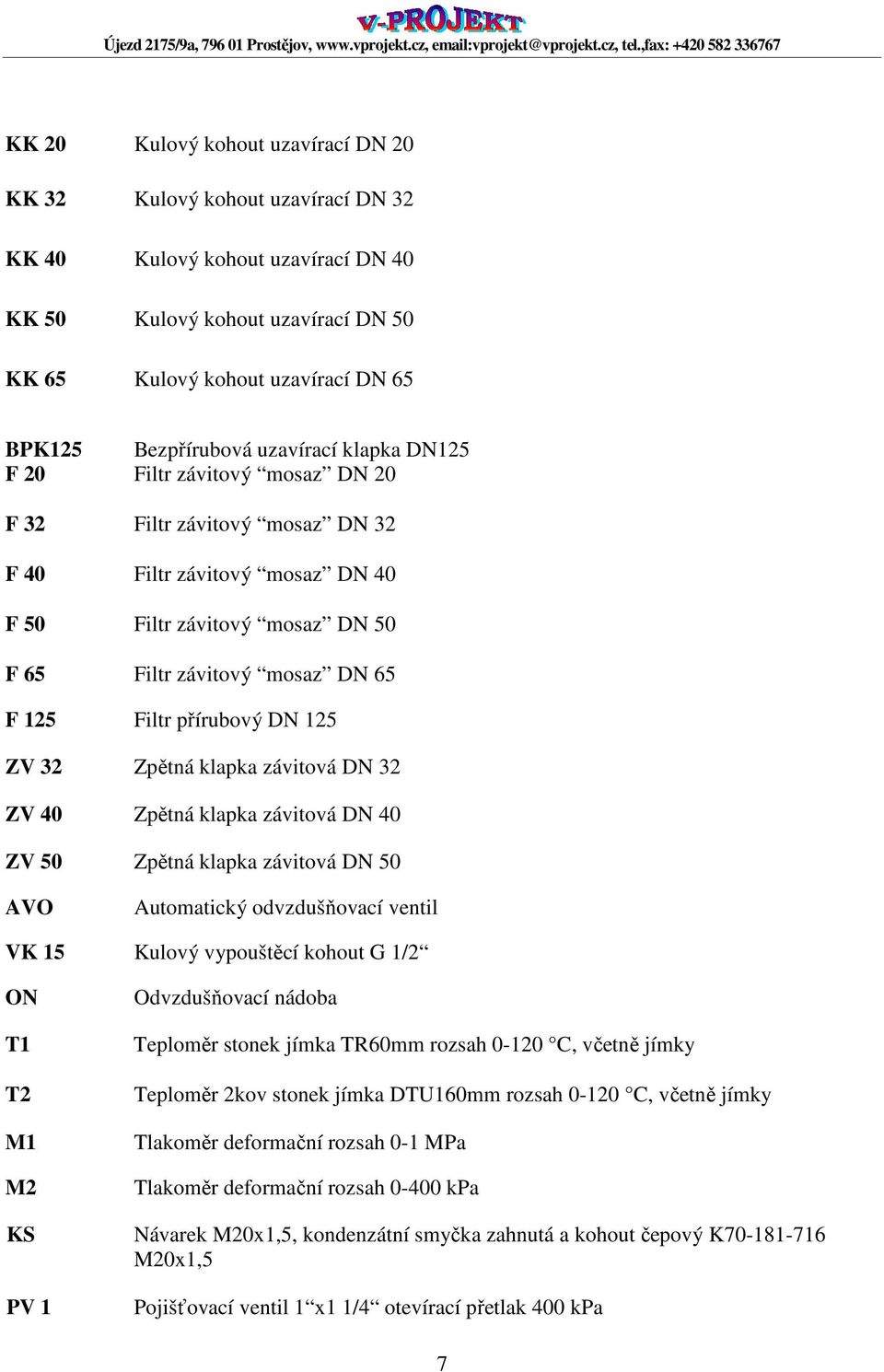 přírubový DN 125 ZV 32 Zpětná klapka závitová DN 32 ZV 40 Zpětná klapka závitová DN 40 ZV 50 Zpětná klapka závitová DN 50 AVO Automatický odvzdušňovací ventil VK 15 Kulový vypouštěcí kohout G 1/2 ON