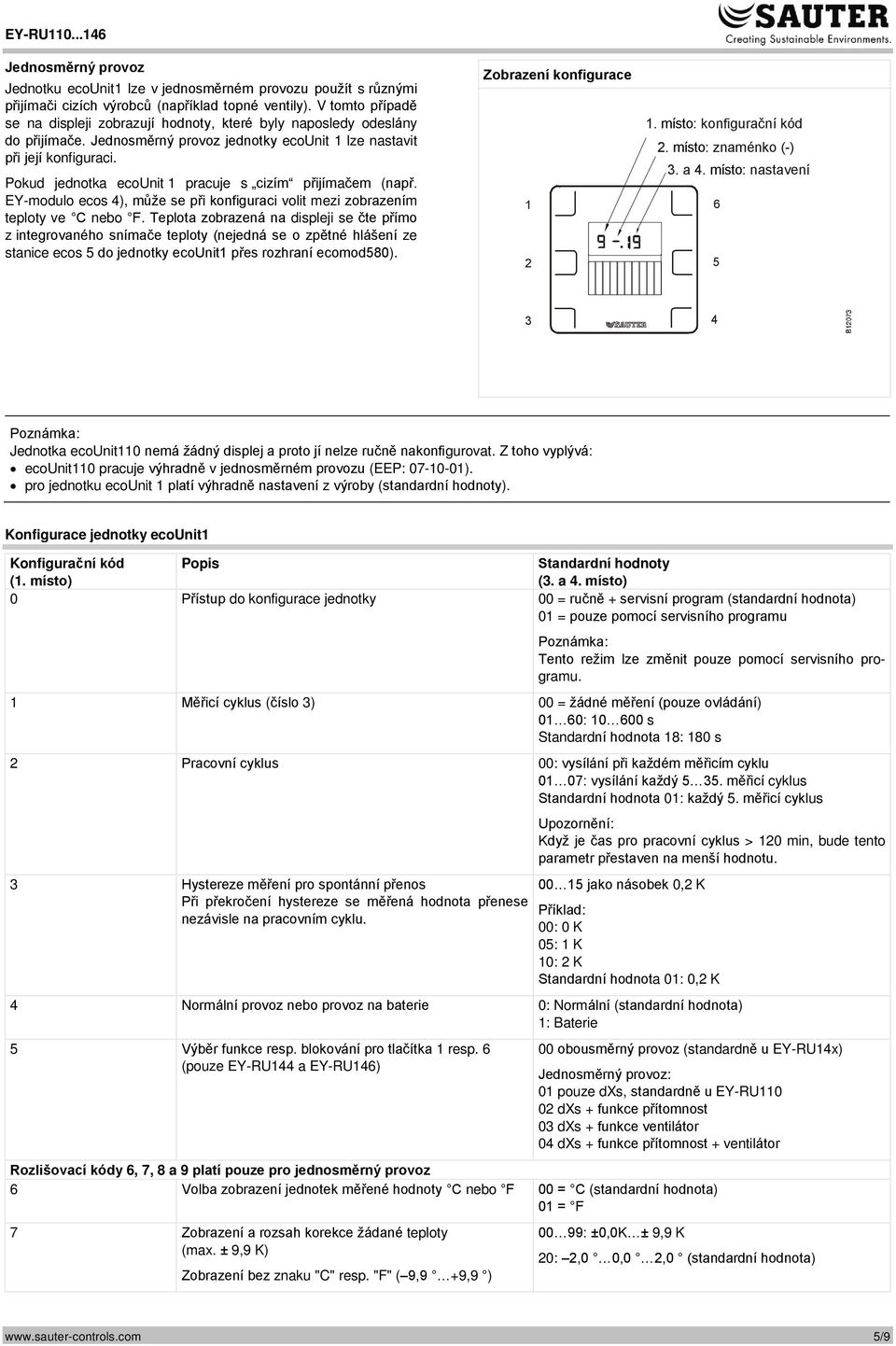 Pokud jednotka ecounit 1 pracuje s cizím přijímačem (např. EY-modulo ecos 4), může se při konfiguraci volit mezi zobrazením teploty ve C nebo F.