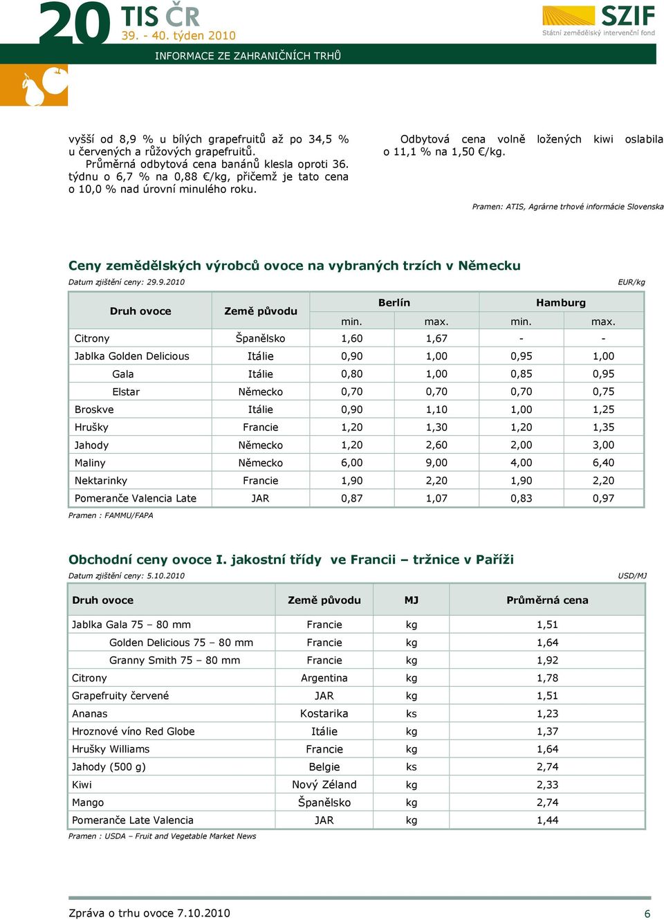 Pramen: ATIS, Agrárne trhové informácie Slovenska Ceny zemědělských výrobců ovoce na vybraných trzích v Německu Datum zjištění ceny: 29.9.2010 EUR/kg Druh ovoce Země původu Berlín Hamburg min. max.