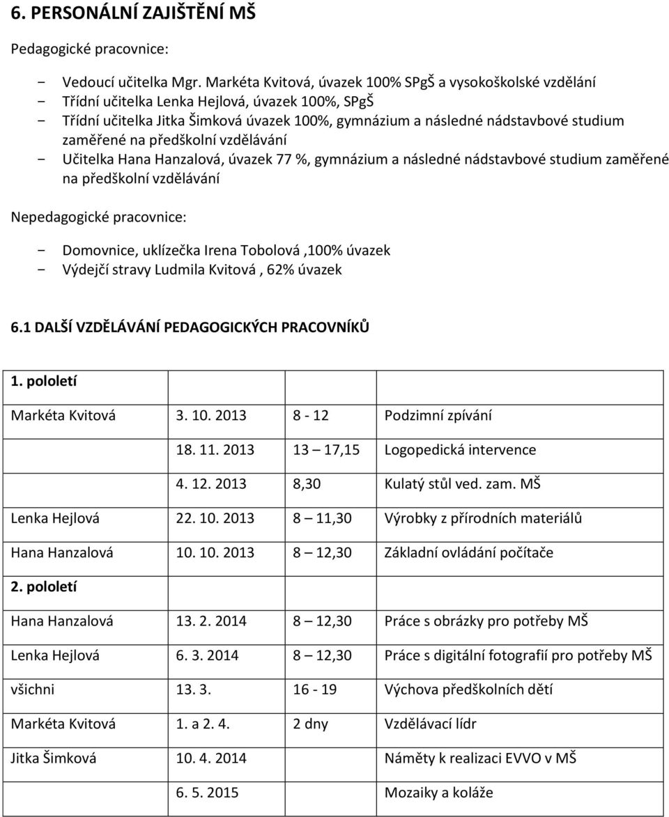 zaměřené na předškolní vzdělávání - Učitelka Hana Hanzalová, úvazek 77 %, gymnázium a následné nádstavbové studium zaměřené na předškolní vzdělávání Nepedagogické pracovnice: - Domovnice, uklízečka