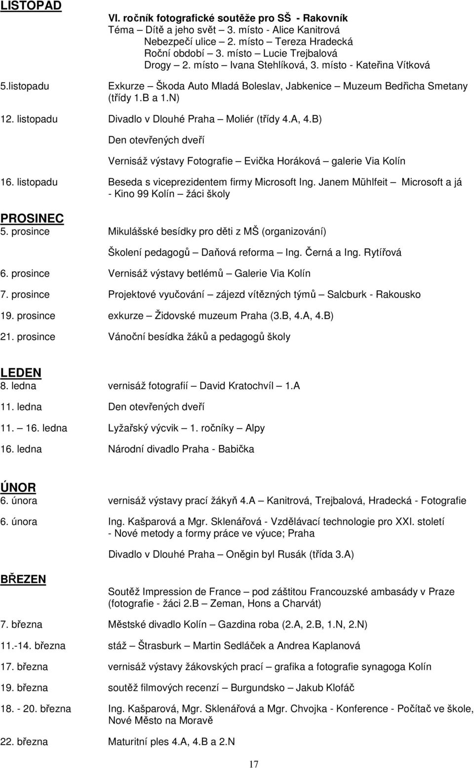 listopadu Divadlo v Dlouhé Praha Moliér (třídy 4.A, 4.B) Den otevřených dveří Vernisáž výstavy Fotografie Evička Horáková galerie Via Kolín 16. listopadu Beseda s viceprezidentem firmy Microsoft Ing.