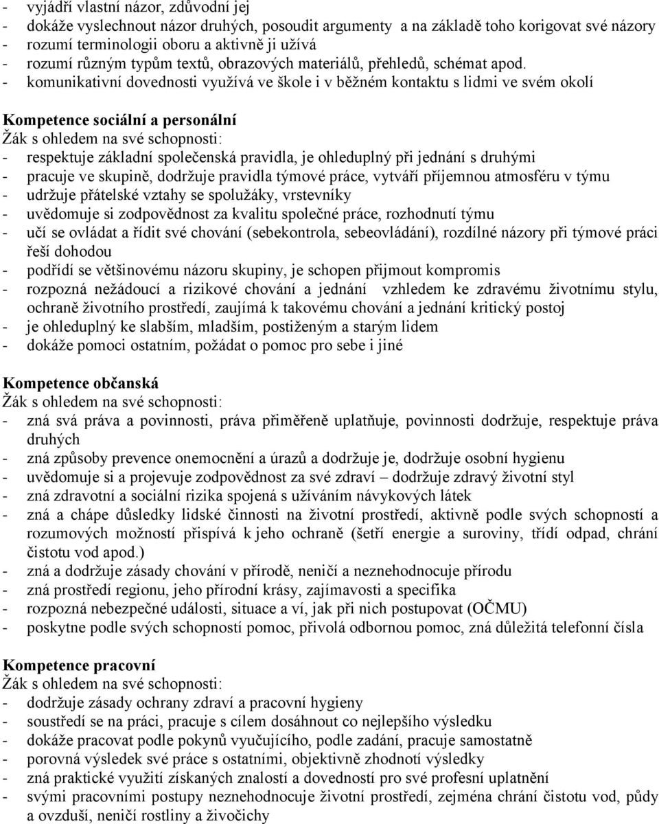 - komunikativní dovednosti využívá ve škole i v běžném kontaktu s lidmi ve svém okolí Kompetence sociální a personální - respektuje základní společenská pravidla, je ohleduplný při jednání s druhými