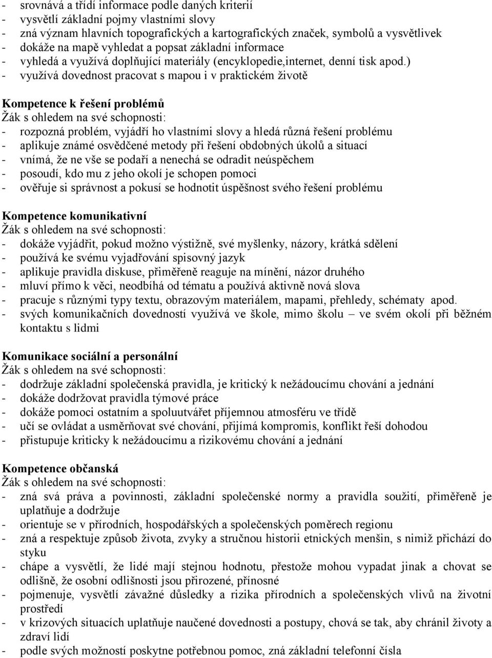 ) - využívá dovednost pracovat s mapou i v praktickém životě Kompetence k řešení problémů - rozpozná problém, vyjádří ho vlastními slovy a hledá různá řešení problému - aplikuje známé osvědčené