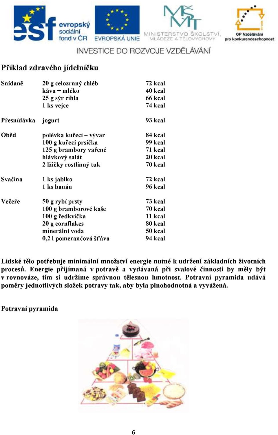 bramborové kaše 70 kcal 100 g ředkvička 11 kcal 20 g cornflakes 80 kcal minerální voda 50 kcal 0,2 l pomerančová šťáva 94 kcal Lidské tělo potřebuje minimální množství energie nutné k udržení