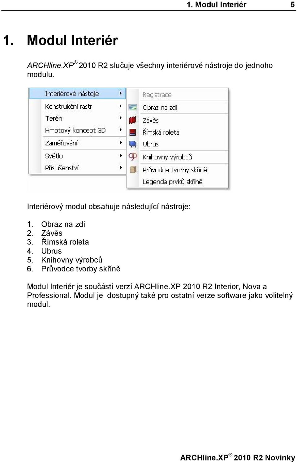 Interiérový modul obsahuje následující nástroje: 1. Obraz na zdi 2. Závěs 3. Římská roleta 4. Ubrus 5.