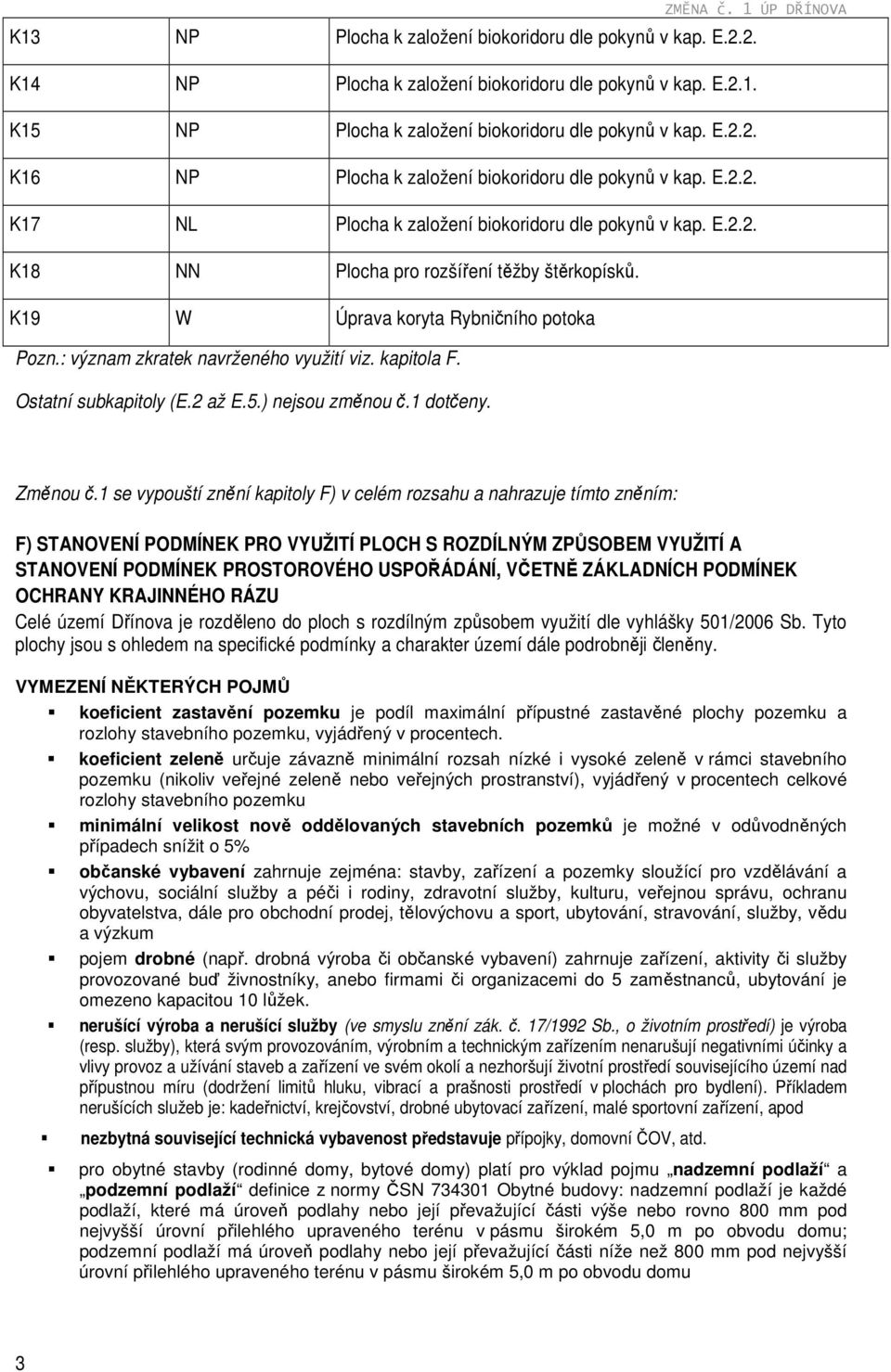 K19 W Úprava koryta Rybničního potoka Pozn.: význam zkratek navrženého využití viz. kapitola F. Ostatní subkapitoly (E.2 až E.5.) nejsou změnou č.1 dotčeny. Změnou č.