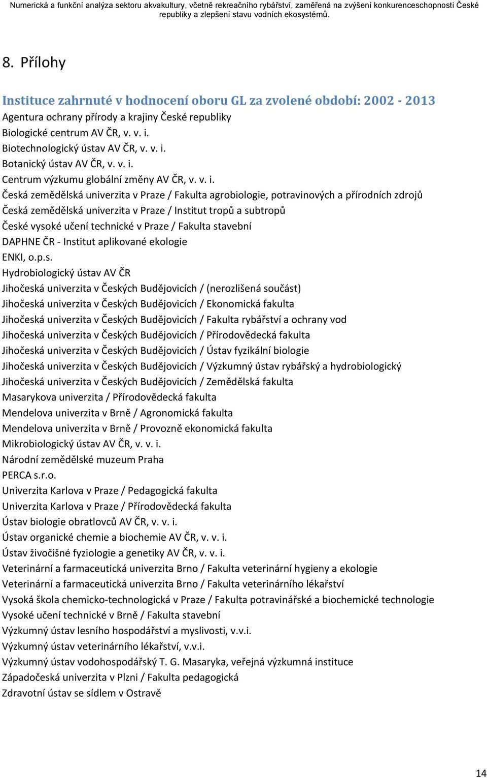 a subtropů České vysoké učení technické v Praze / Fakulta stavební DAPHNE ČR Institut aplikované ekologie ENKI, o.p.s. Hydrobiologický ústav AV ČR Jihočeská univerzita v Českých Budějovicích /