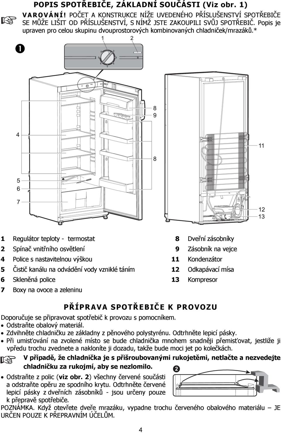 * 1 Regulátor teploty - termostat 8 Dveřní zásobníky 2 Spínač vnitřního osvětlení 9 Zásobník na vejce 4 Police s nastavitelnou výškou 11 Kondenzátor 5 Čistič kanálu na odvádění vody vzniklé táním 12