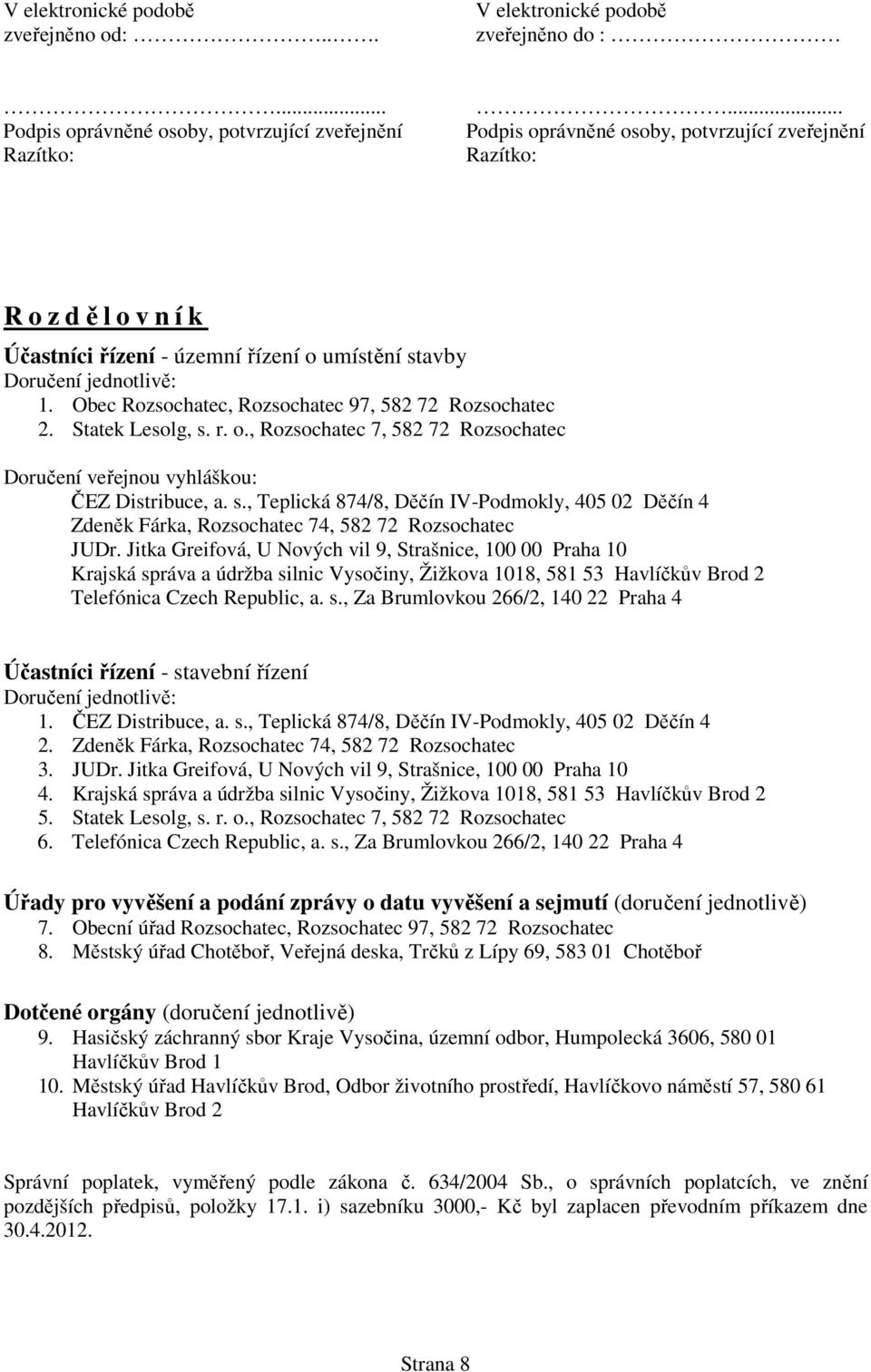 Obec Rozsochatec, Rozsochatec 97, 582 72 Rozsochatec 2. Statek Lesolg, s. r. o., Rozsochatec 7, 582 72 Rozsochatec Doručení veřejnou vyhláškou: ČEZ Distribuce, a. s., Teplická 874/8, Děčín IV-Podmokly, 405 02 Děčín 4 Zdeněk Fárka, Rozsochatec 74, 582 72 Rozsochatec JUDr.