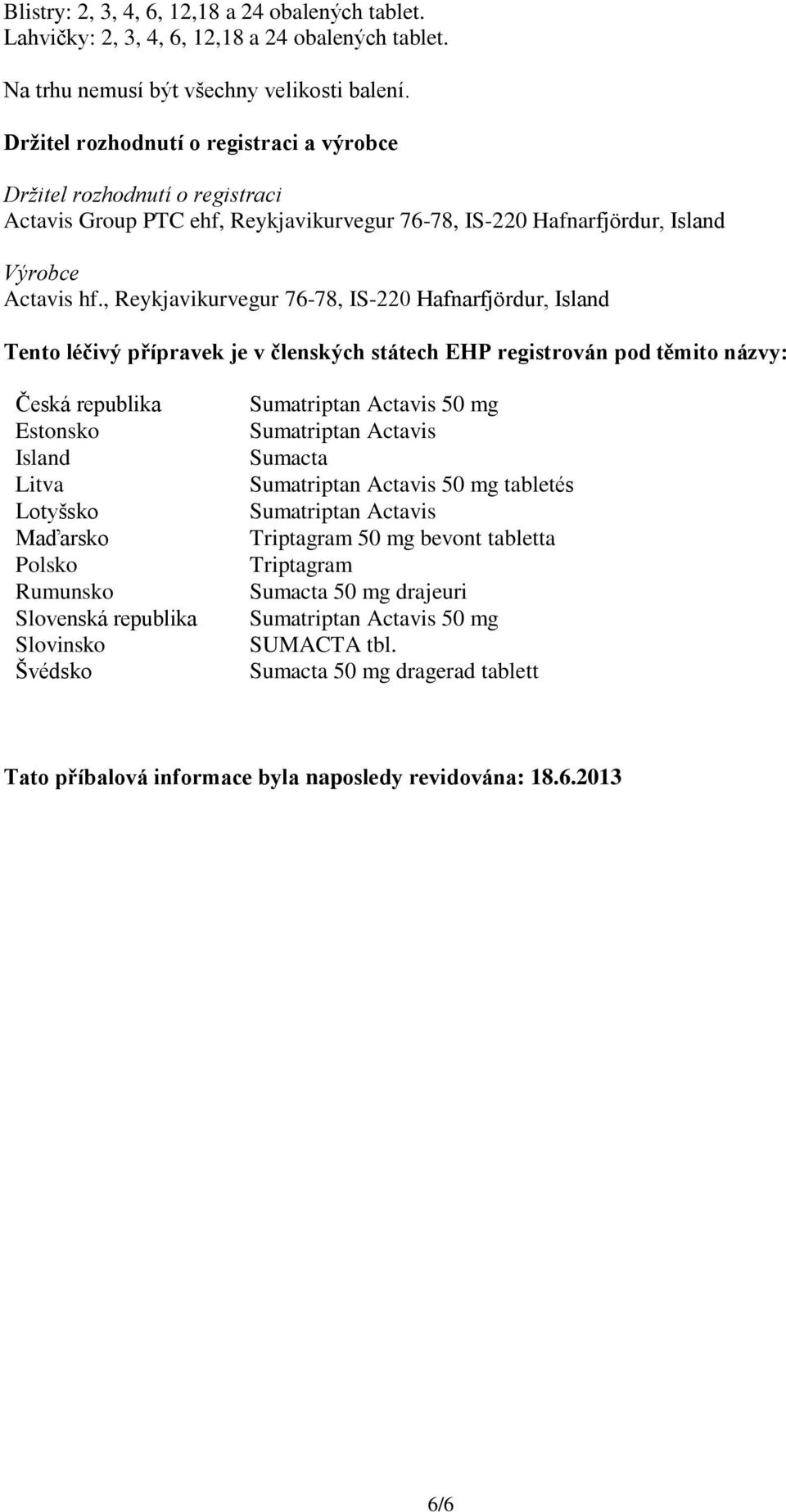 , Reykjavikurvegur 76-78, IS-220 Hafnarfjördur, Island Tento léčivý přípravek je v členských státech EHP registrován pod těmito názvy: Česká republika Estonsko Island Litva Lotyšsko Maďarsko Polsko