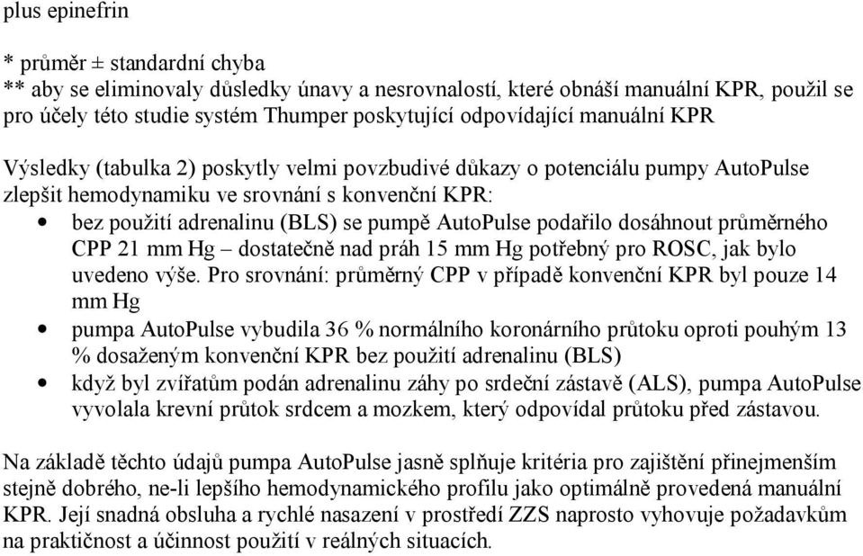 podařilo dosáhnout průměrného CPP 21 mm Hg dostatečně nad práh 15 mm Hg potřebný pro ROSC, jak bylo uvedeno výše.