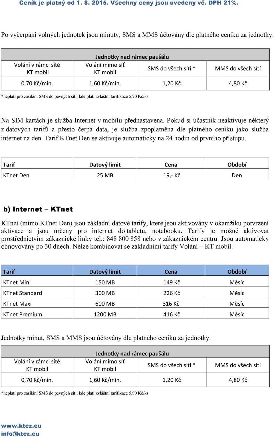 Pokud si účastník neaktivuje některý z datových tarifů a přesto čerpá, je služba zpoplatněna dle platného ceníku jako služba internet na den.