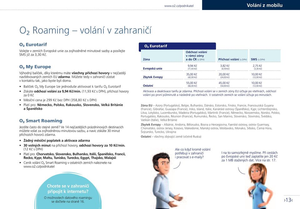 zemích EU zdarma. Můžete tedy v zahraničí zůstat v kontaktu tak, jako byste byli doma. Balíček O 2 My Europe lze jednoduše aktivovat k tarifu O 2 Eurotarif Získáte odchozí volání za 9,94 Kč/min.