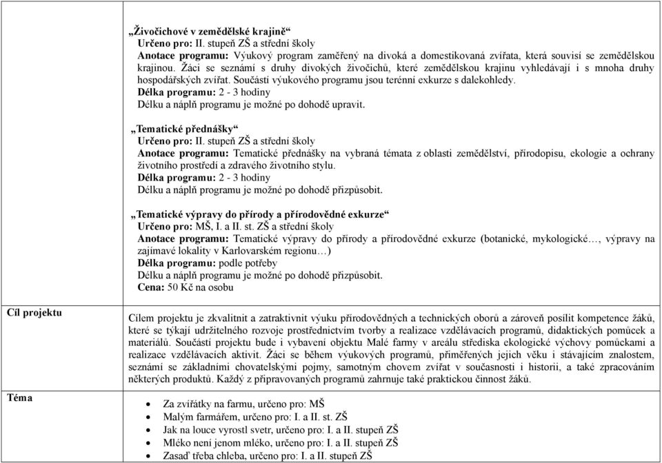 Tematické přednášky Anotace programu: Tematické přednášky na vybraná témata z oblasti zemědělství, přírodopisu, ekologie a ochrany životního prostředí a zdravého životního stylu.