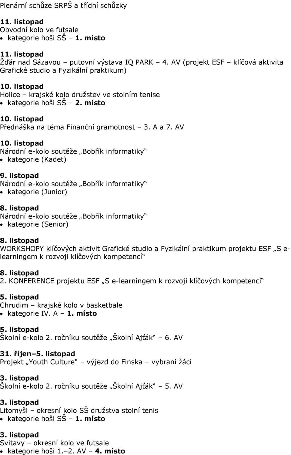 listopad Přednáška na téma Finanční gramotnost 3. A a 7. AV 10. listopad Národní e-kolo soutěže Bobřík informatiky kategorie (Kadet) 9.