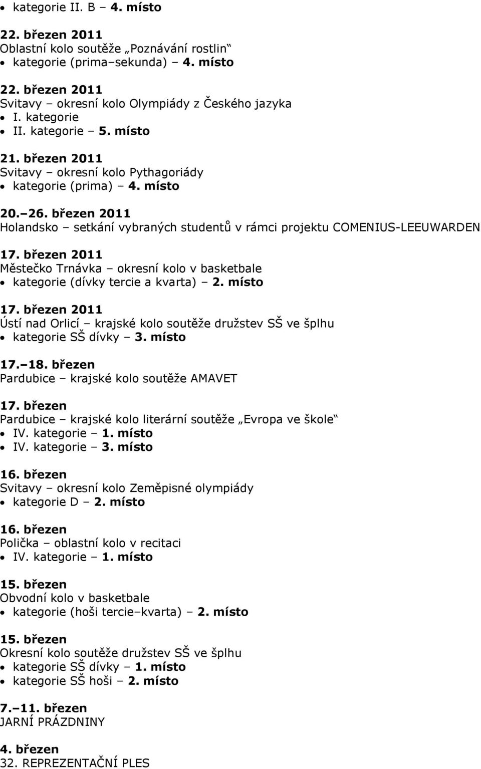 březen 2011 Městečko Trnávka okresní kolo v basketbale kategorie (dívky tercie a kvarta) 2. místo 17. březen 2011 Ústí nad Orlicí krajské kolo soutěže družstev SŠ ve šplhu kategorie SŠ dívky 3.