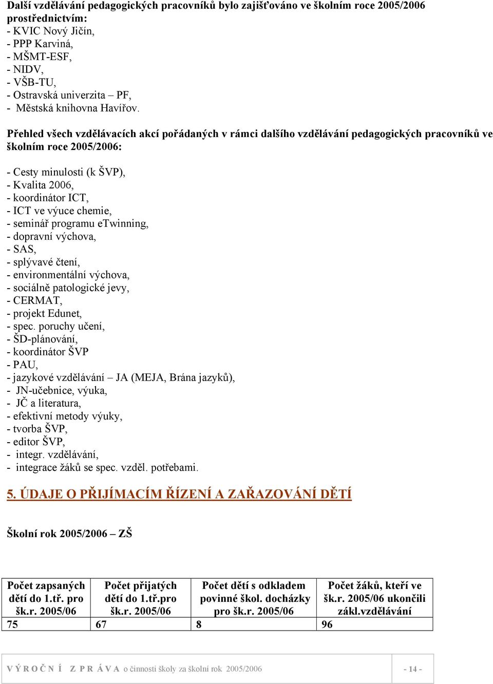 Přehled všech vzdělávacích akcí pořádaných v rámci dalšího vzdělávání pedagogických pracovníků ve školním roce 2005/2006: - Cesty minulosti (k ŠVP), - Kvalita 2006, - koordinátor ICT, - ICT ve výuce