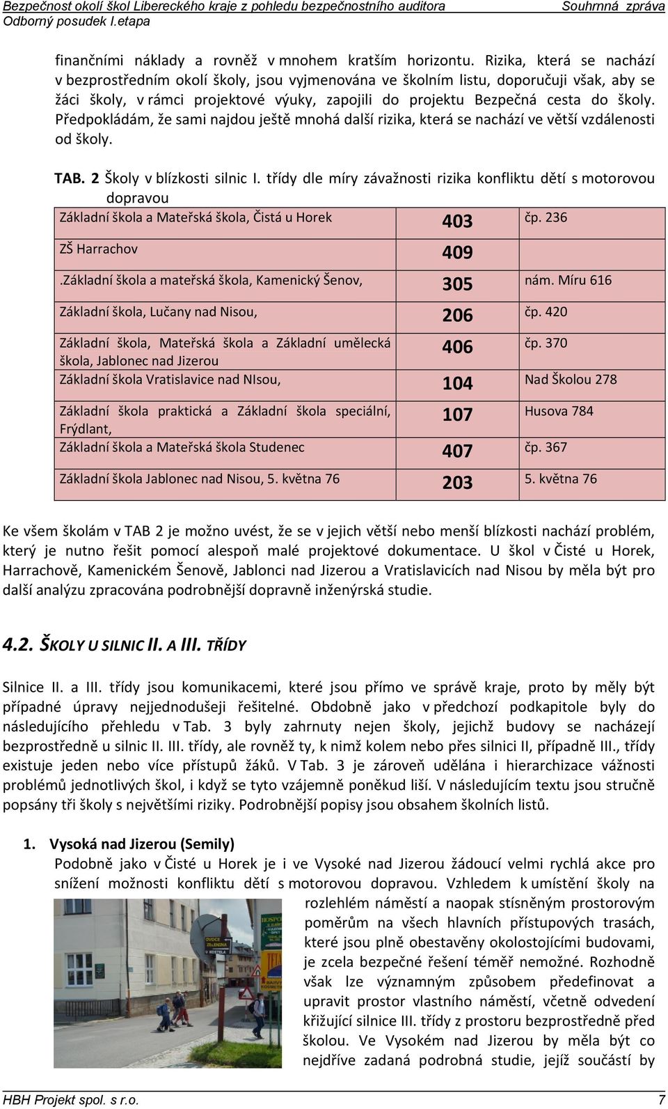 Předpokládám, že sami najdou ještě mnohá další rizika, která se nachází ve větší vzdálenosti od školy. TAB. 2 Školy v blízkosti silnic I.