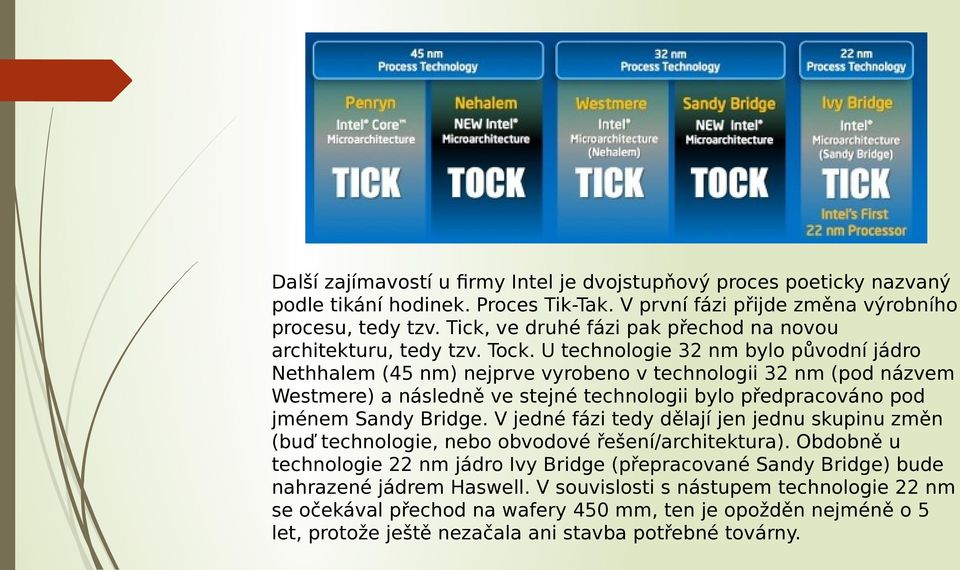 U technologie 32 nm bylo původní jádro Nethhalem (45 nm) nejprve vyrobeno v technologii 32 nm (pod názvem Westmere) a následně ve stejné technologii bylo předpracováno pod jménem Sandy Bridge.