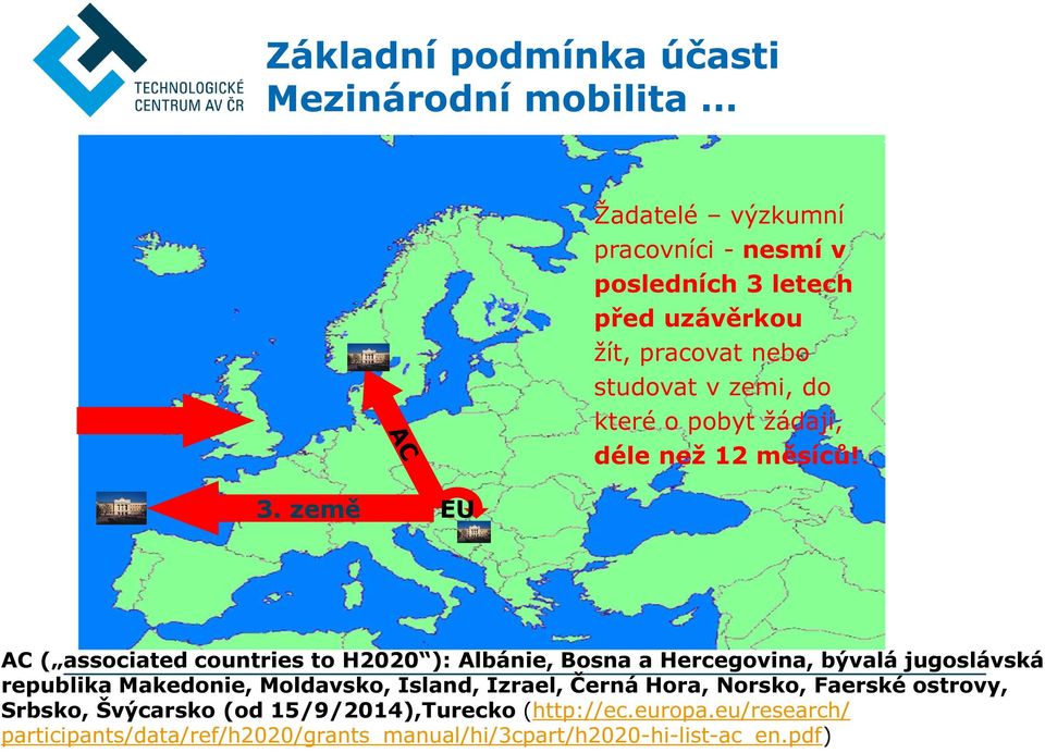 země EU AC ( associated countries to H2020 ): Albánie, Bosna a Hercegovina, bývalá jugoslávská republika Makedonie, Moldavsko,