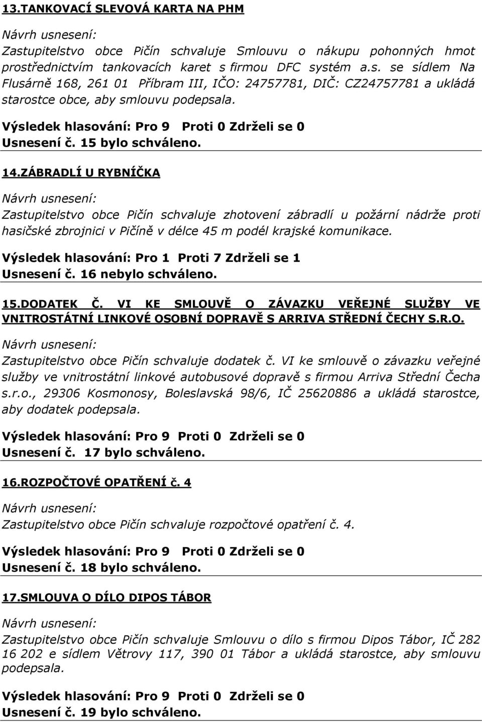 Výsledek hlasování: Pro 1 Proti 7 Zdrželi se 1 Usnesení č. 16 nebylo schváleno. 15.DODATEK Č. VI KE SMLOUVĚ O ZÁVAZKU VEŘEJNÉ SLUŽBY VE VNITROSTÁTNÍ LINKOVÉ OSOBNÍ DOPRAVĚ S ARRIVA STŘEDNÍ ČECHY S.R.O. Zastupitelstvo obce Pičín schvaluje dodatek č.