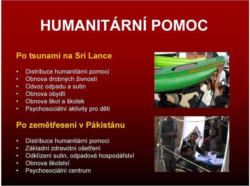 Psychosociální aktivity pro děti Po zemětřesení v Pákistánu Distribuce humanitární