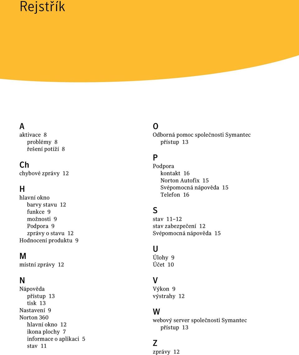 aplikaci 5 stav 11 O Odborná pomoc společnosti Symantec přístup 13 P Podpora kontakt 16 Norton Autofix 15 Svépomocná nápověda 15 Telefon 16 S