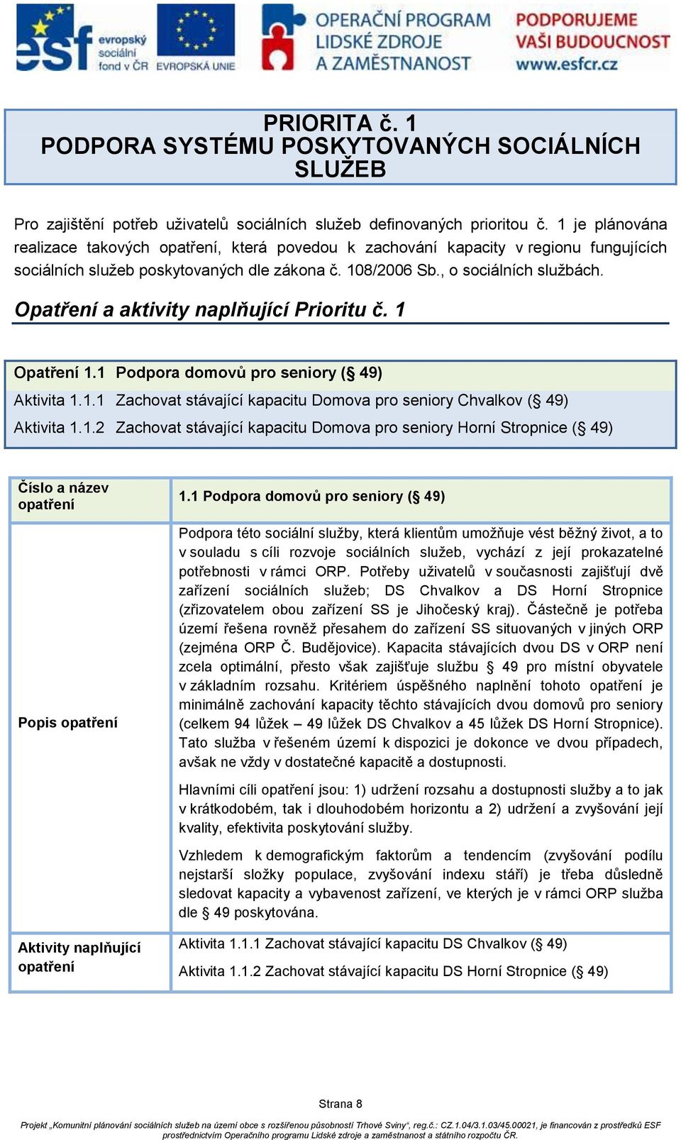 Opatření a naplňující Prioritu č. 1 Opatření 1.1 Podpora domovů pro seniory ( 49) Aktivita 1.1.1 Zachovat stávající kapacitu Domova pro seniory Chvalkov ( 49) Aktivita 1.1.2 Zachovat stávající kapacitu Domova pro seniory Horní Stropnice ( 49) Popis 1.