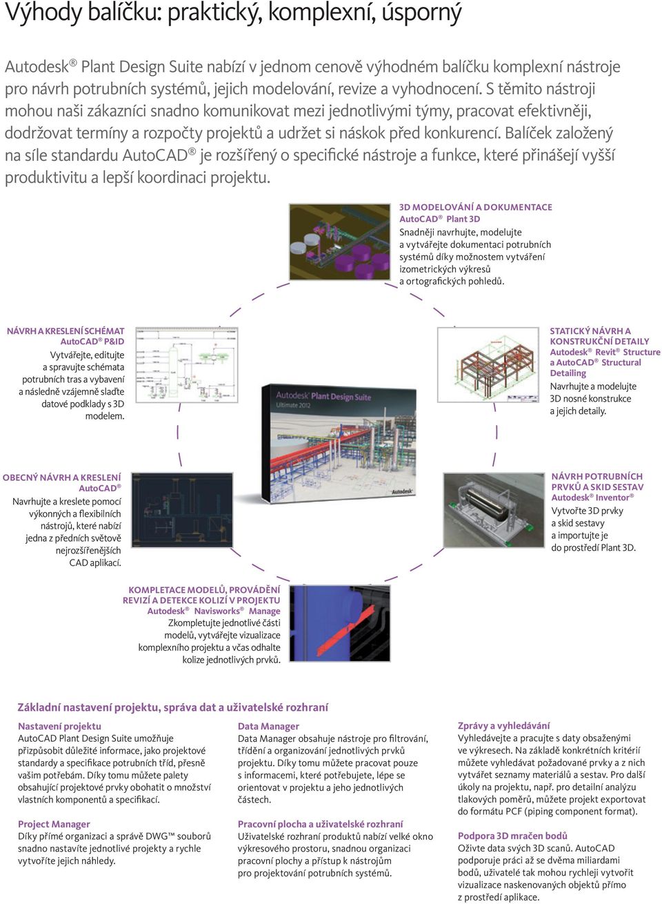 Balíček založený na síle standardu AutoCAD je rozšířený o specifické nástroje a funkce, které přinášejí vyšší produktivitu a lepší koordinaci projektu.