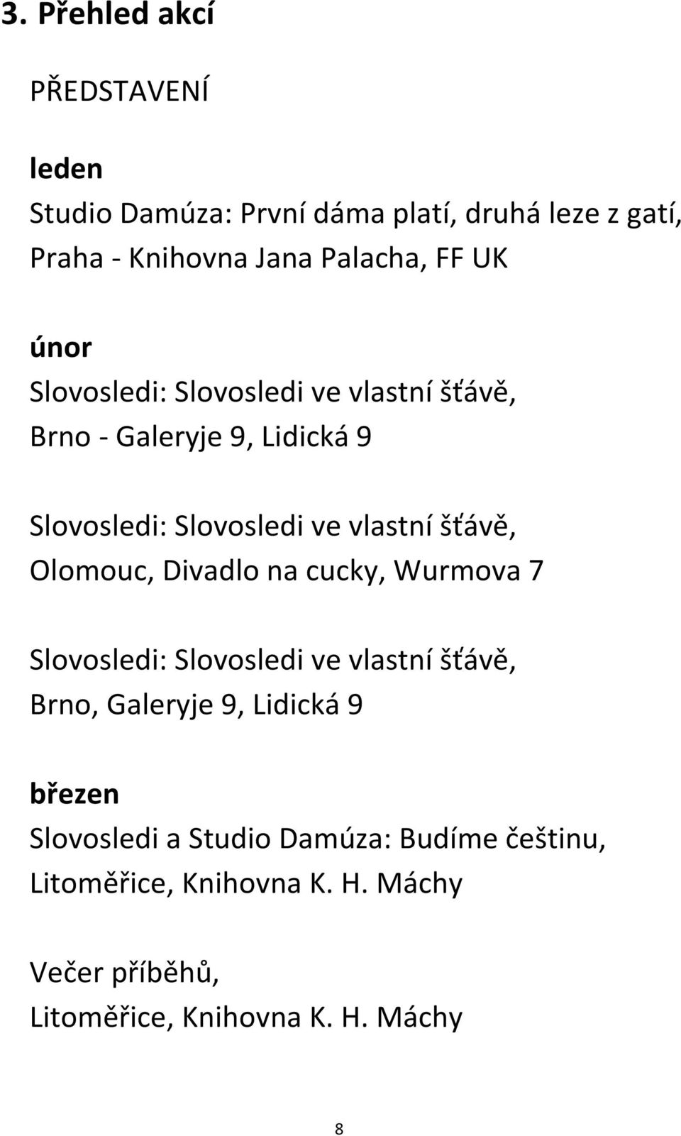 Olomouc, Divadlo na cucky, Wurmova 7 Slovosledi: Slovosledi ve vlastní šťávě, Brno, Galeryje 9, Lidická 9 březen