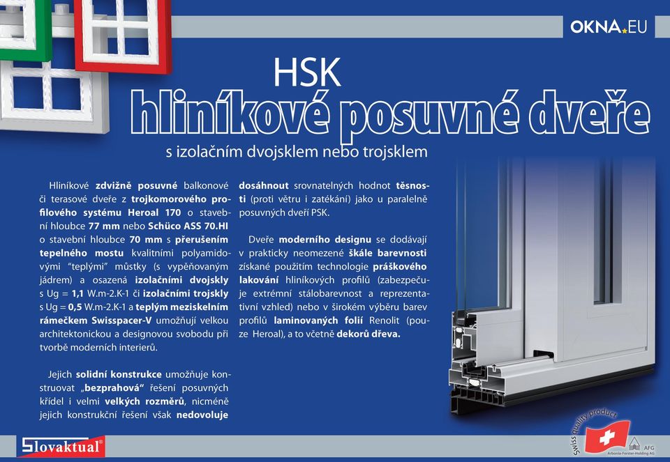 K-1 či izolačními trojskly s Ug = 0,5 W.m-2.K-1 a teplým meziskelním rámečkem Swisspacer-V umožňují velkou architektonickou a designovou svobodu při tvorbě moderních interierů.