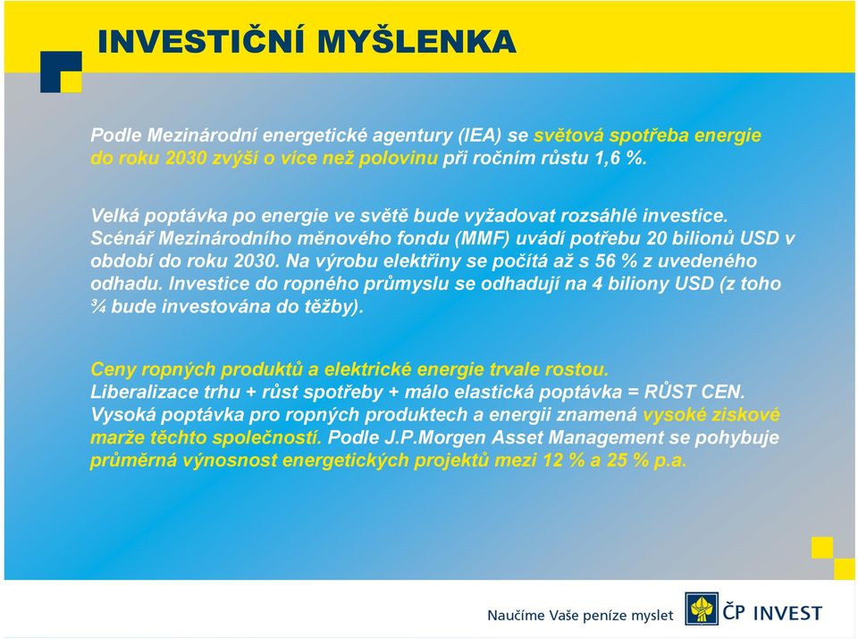 Na výrobu elektřiny se počítá až s 56 % z uvedeného odhadu. Investice do ropného průmyslu se odhadují na 4 biliony USD (z toho ¾ bude investována do těžby).