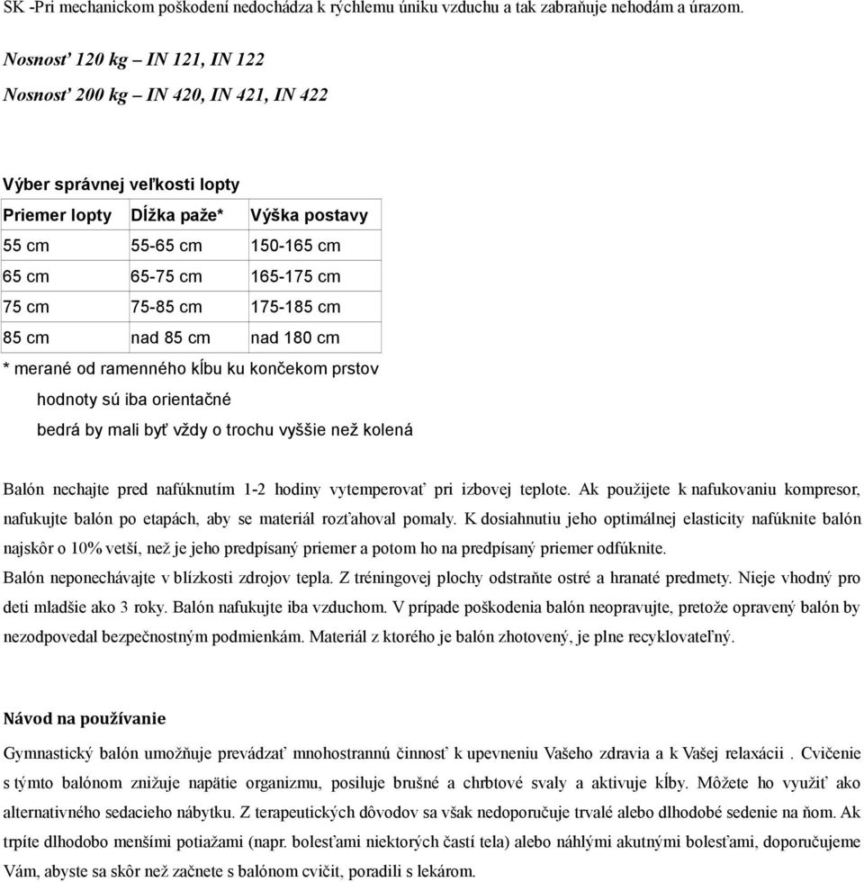 75-85 cm 175-185 cm 85 cm nad 85 cm nad 180 cm * merané od ramenného kĺbu ku končekom prstov hodnoty sú iba orientačné bedrá by mali byť vždy o trochu vyššie než kolená Balón nechajte pred nafúknutím