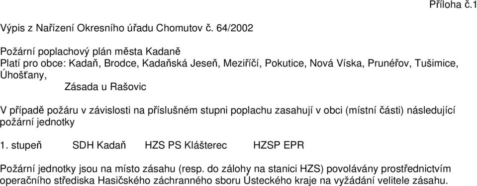 Úhošťany, Zásada u Rašovic V případě požáru v závislosti na příslušném stupni poplachu zasahují v obci (místní části) následující požární jednotky