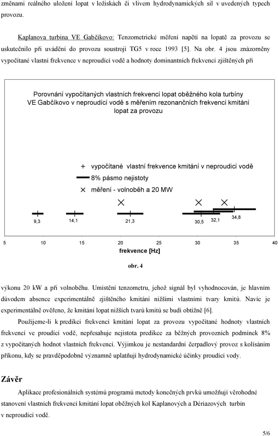 4 jsou znázorněny vypočítané vlastní frekvence v neproudící vodě a hodnoty domnantních frekvencí zjštěných př Porovnání vypočítaných vlastních frekvencí lopat oběžného kola turbíny VE Gabčíkovo v