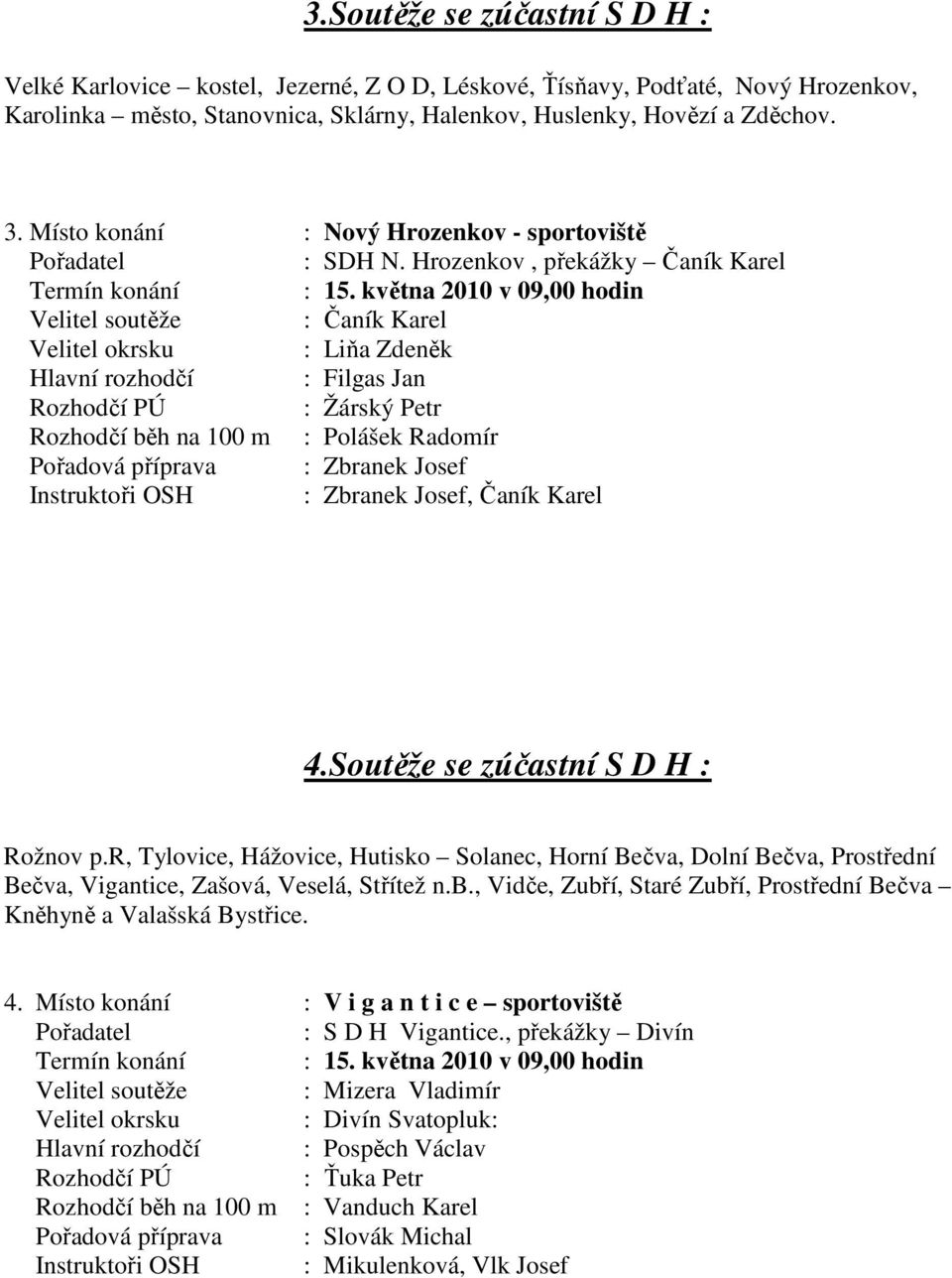 května 2010 v 09,00 hodin Velitel soutěže : Čaník Karel : Liňa Zdeněk Hlavní rozhodčí : Filgas Jan : Žárský Petr Rozhodčí běh na 100 m : Polášek Radomír Pořadová příprava : Zbranek Josef Instruktoři