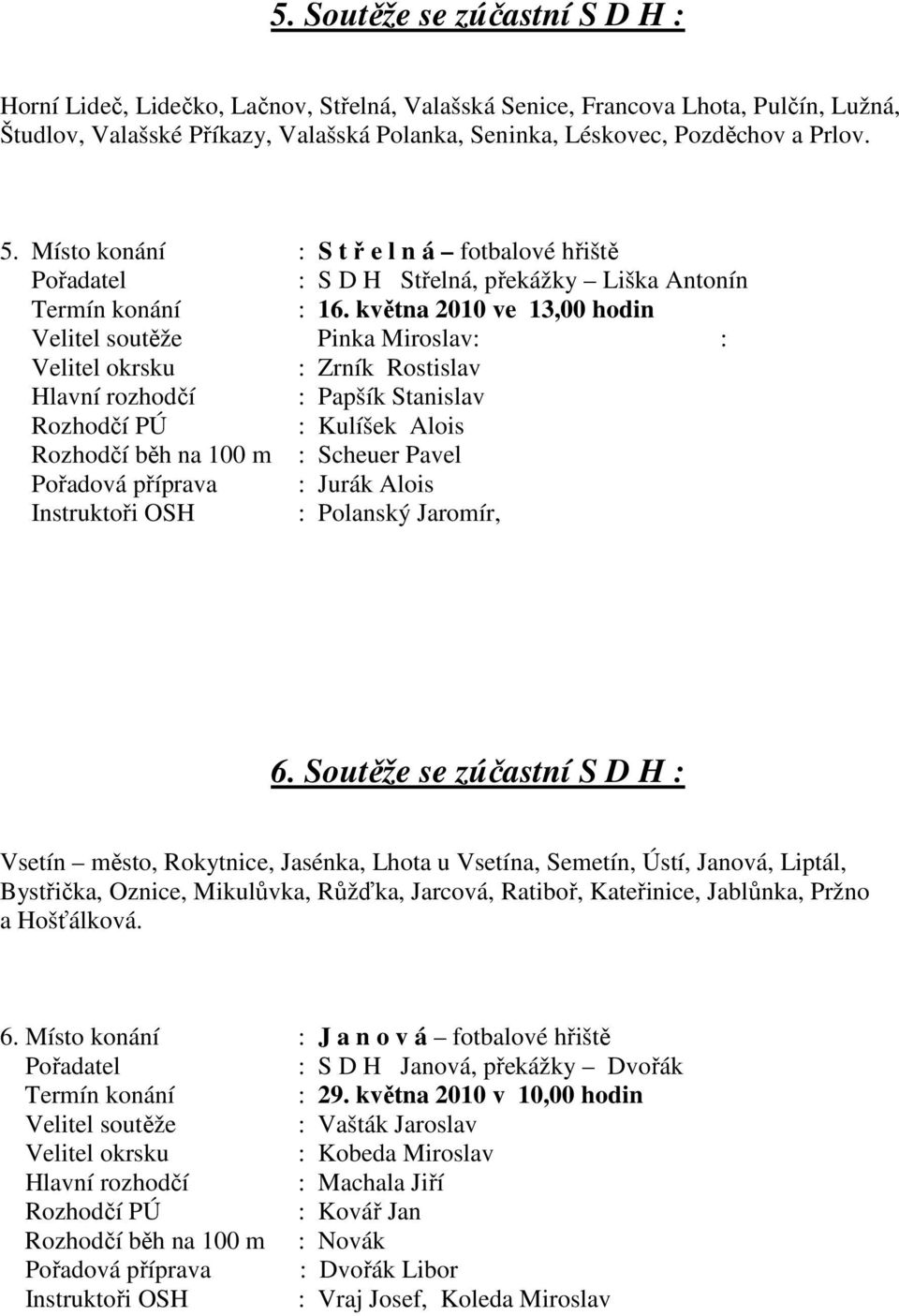 května 2010 ve 13,00 hodin Velitel soutěže Pinka Miroslav: : : Zrník Rostislav Hlavní rozhodčí : Papšík Stanislav : Kulíšek Alois Rozhodčí běh na 100 m : Scheuer Pavel Pořadová příprava : Jurák Alois