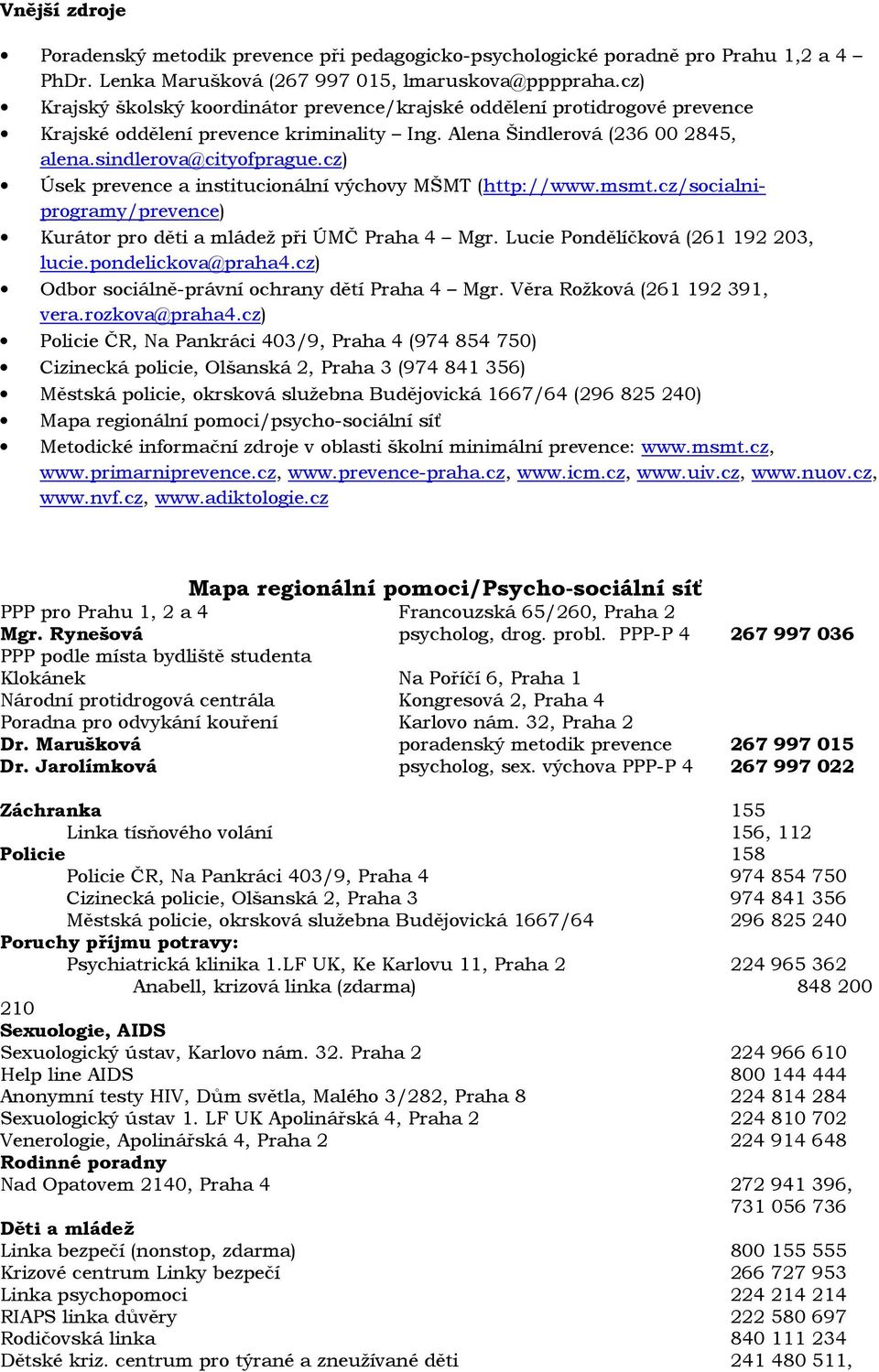 cz) Úsek prevence a institucionální výchovy MŠMT (http://www.msmt.cz/socialniprogramy/prevence) Kurátor pro děti a mládež při ÚMČ Praha 4 Mgr. Lucie Pondělíčková (261 192 203, lucie.