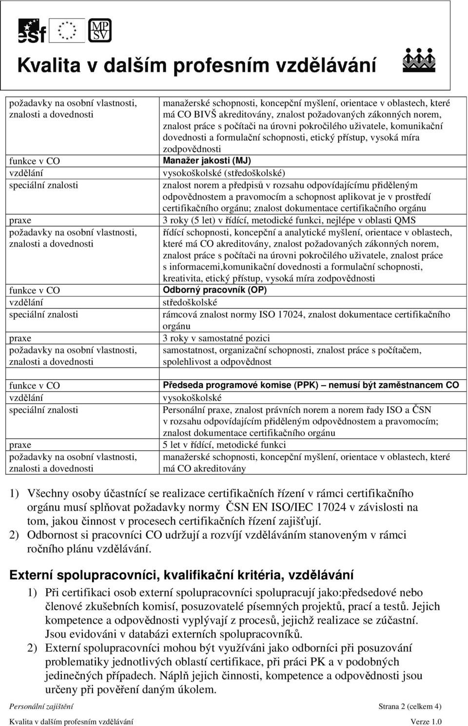 přiděleným odpovědnostem a pravomocím a schopnost aplikovat je v prostředí certifikačního orgánu; znalost dokumentace certifikačního orgánu 3 roky (5 let) v řídící, metodické funkci, nejlépe v