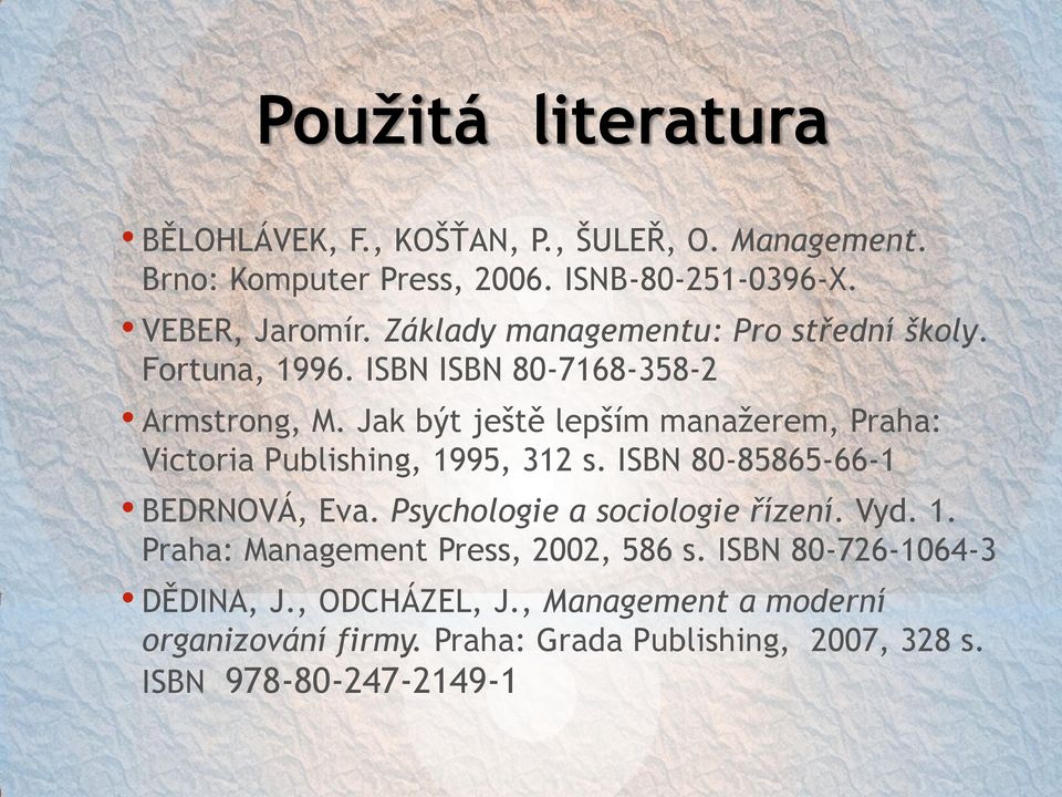 Jak být ještě lepším manažerem, Praha: Victoria Publishing, 1995, 312 s. ISBN 80-85865-66-1 BEDRNOVÁ, Eva. Psychologie a sociologie řízení.