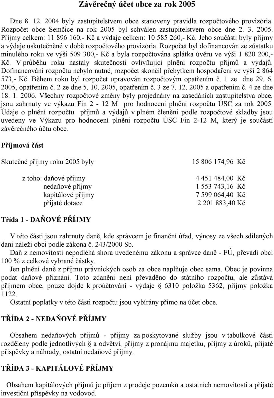 Rozpočet byl dofinancován ze zůstatku minulého roku ve výši 509 300,- Kč a byla rozpočtována splátka úvěru ve výši 1 820 200,- Kč.