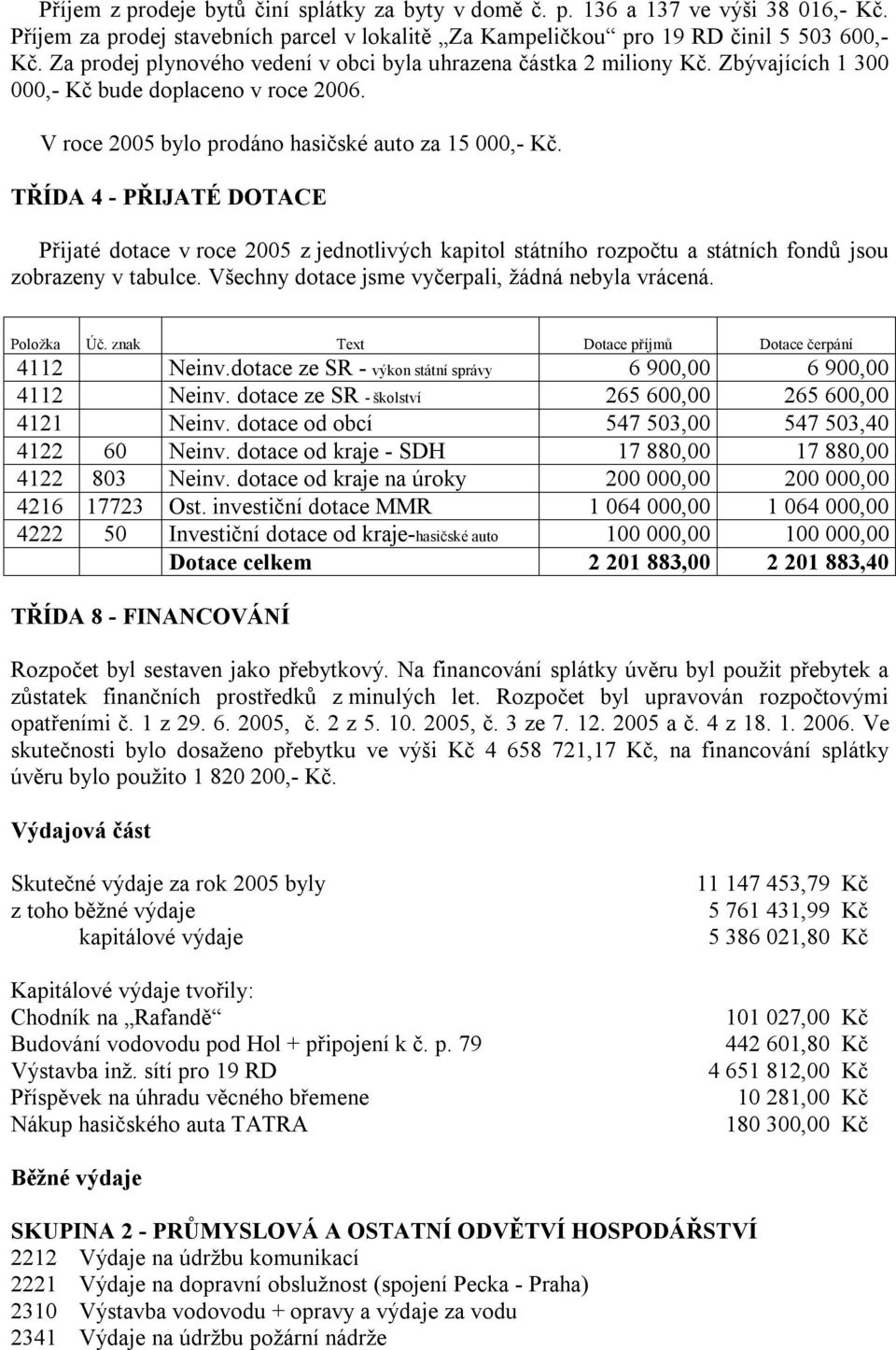 TŘÍDA 4 - PŘIJATÉ DOTACE Přijaté dotace v roce 2005 z jednotlivých kapitol státního rozpočtu a státních fondů jsou zobrazeny v tabulce. Všechny dotace jsme vyčerpali, žádná nebyla vrácená. Položka Úč.