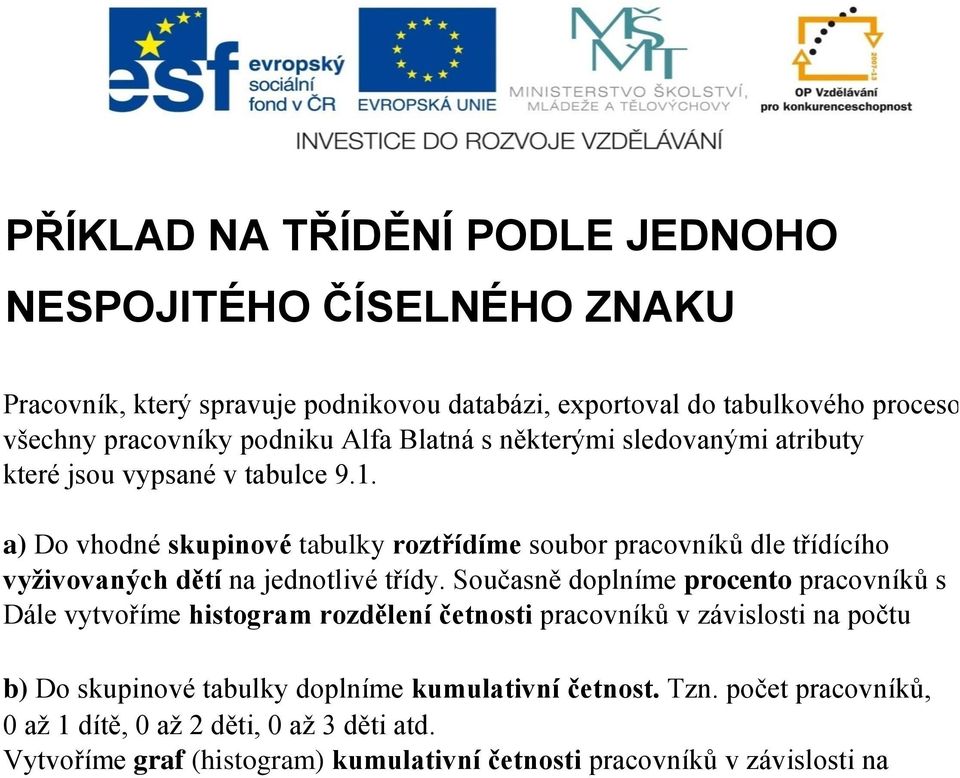 a) Do vhodné skupinové tabulky roztřídíme soubor pracovníků dle třídícího vyživovaných dětí na jednotlivé třídy.