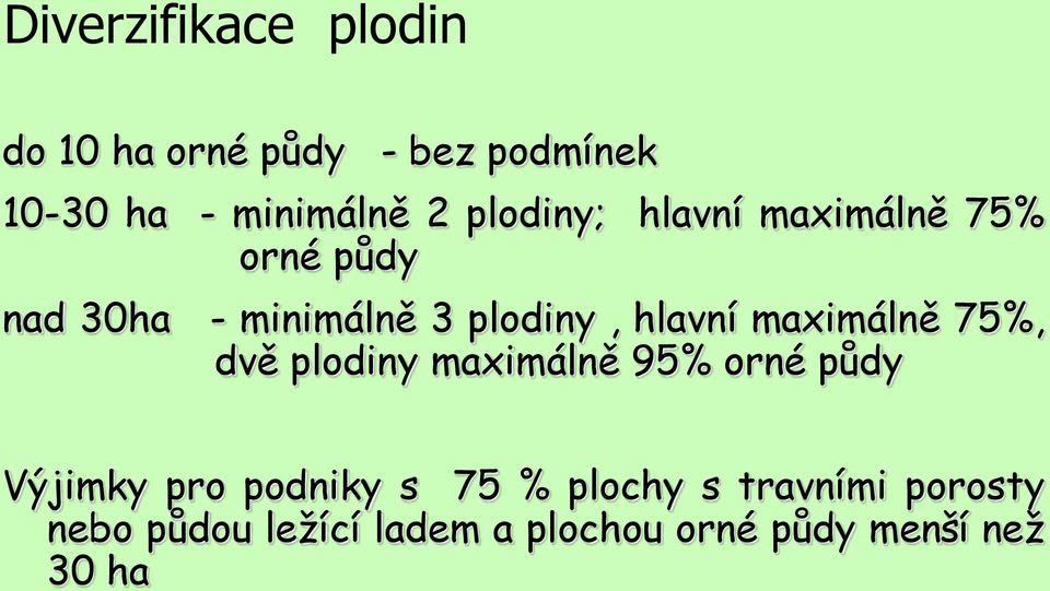 maximálně 75%, dvě plodiny maximálně 95% orné půdy Výjimky pro podniky s 75 %